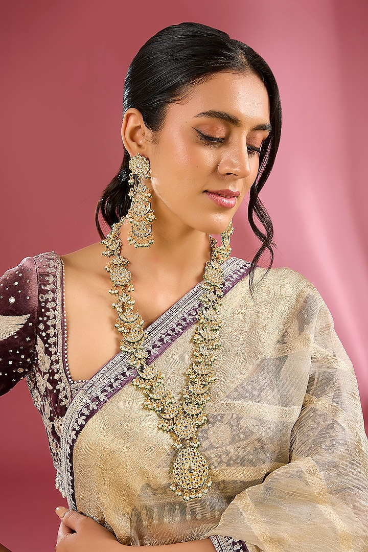Gold Finish Kundan Polki Handcrafted Necklace Set by Amreli Jaipur at Pernia's Pop Up Shop