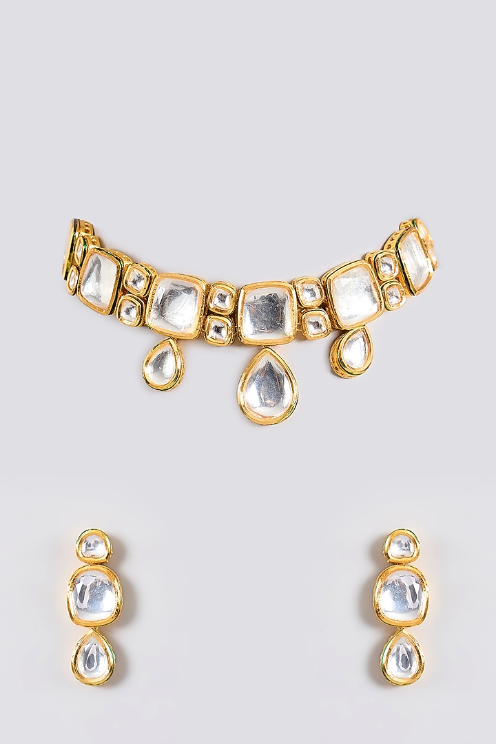 Gold Finish Kundan Polki Handcrafted Choker Necklace Set by Amreli Jaipur at Pernia's Pop Up Shop
