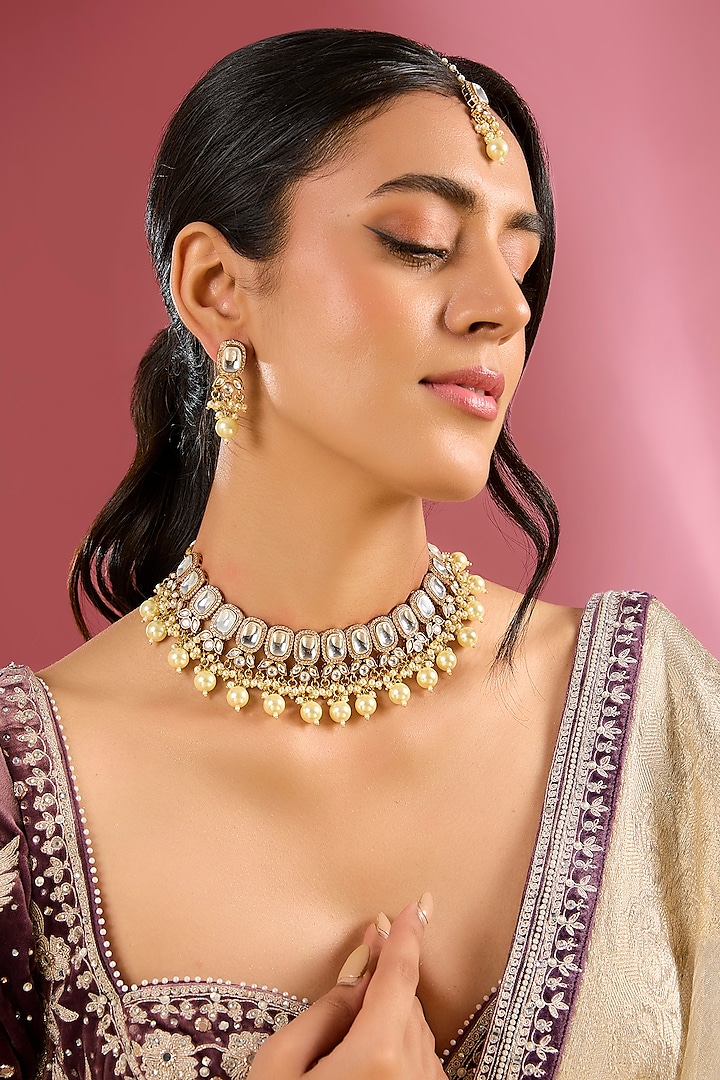 Gold Finish Kundan Polki Handcrafted Choker Necklace Set by Amreli Jaipur at Pernia's Pop Up Shop