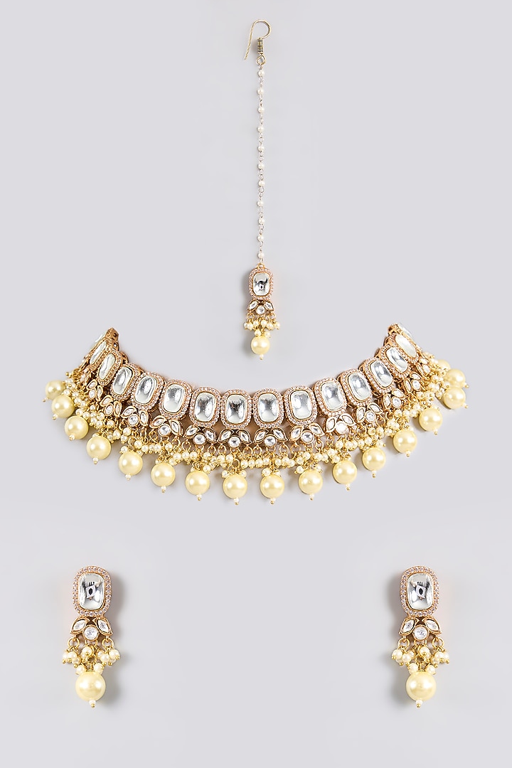 Gold Finish Kundan Polki Handcrafted Choker Necklace Set by Amreli Jaipur at Pernia's Pop Up Shop