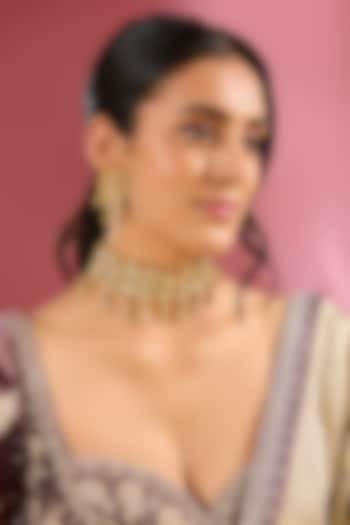 Gold Finish Kundan Polki Handcrafted Choker Necklace Set by Amreli Jaipur at Pernia's Pop Up Shop
