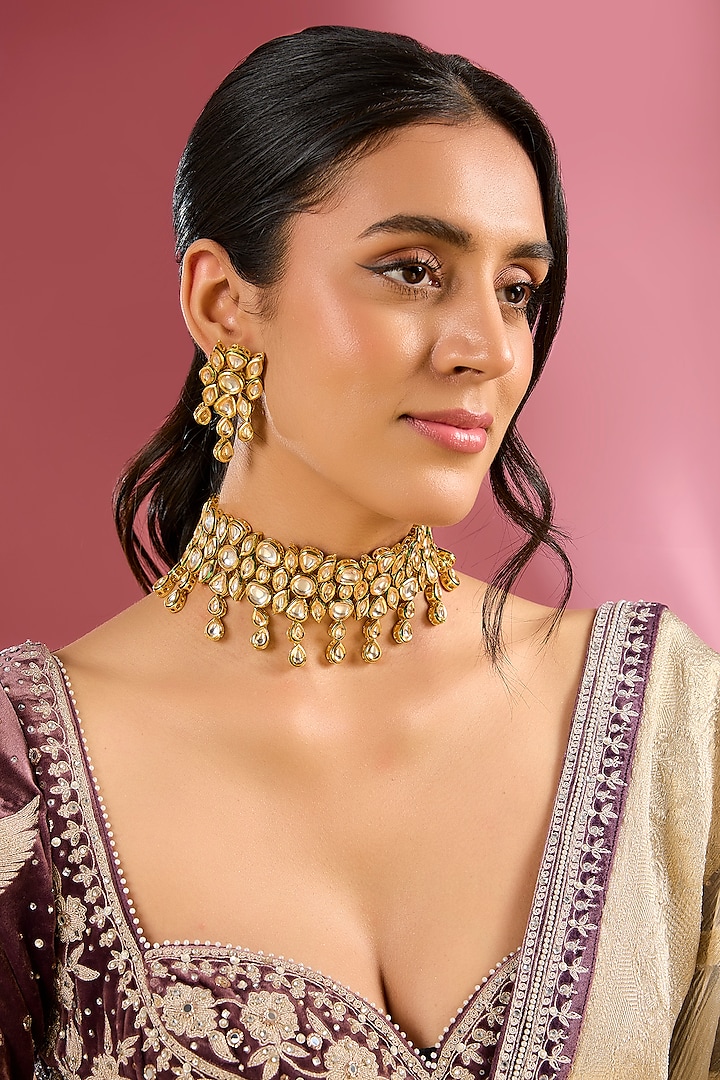 Gold Finish Kundan Polki Handcrafted Choker Necklace Set by Amreli Jaipur at Pernia's Pop Up Shop