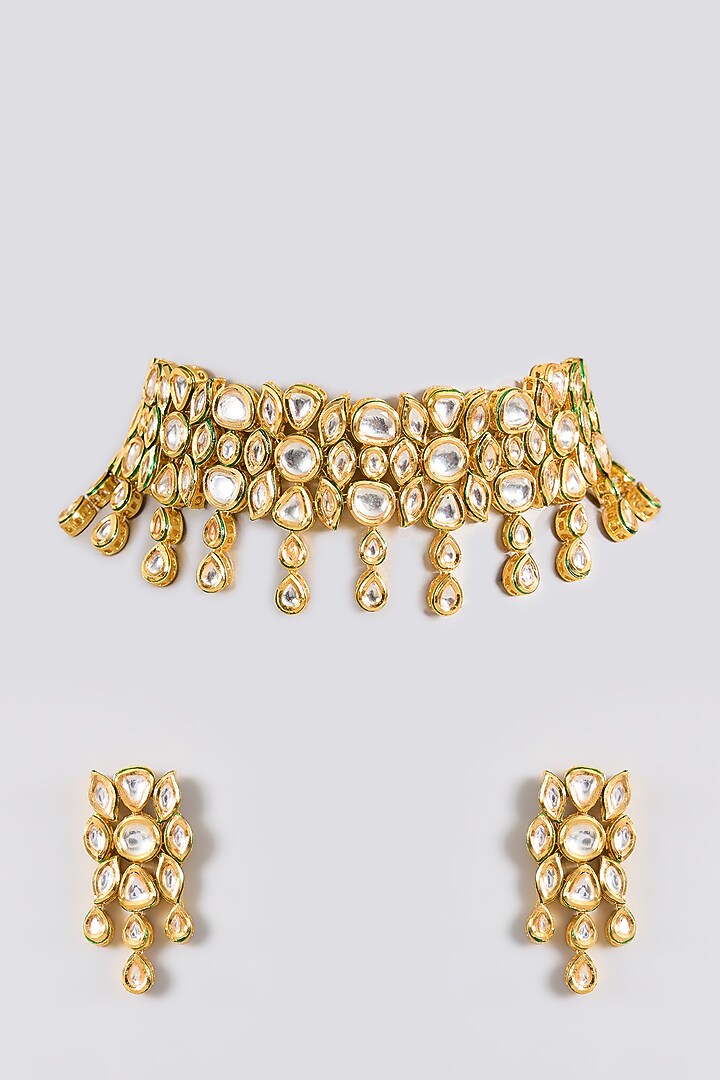Gold Finish Kundan Polki Handcrafted Choker Necklace Set by Amreli Jaipur at Pernia's Pop Up Shop
