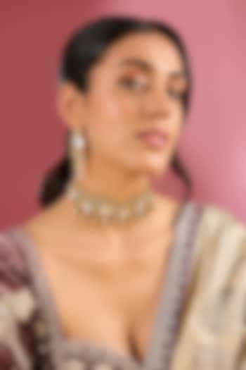 Gold Finish Kundan Polki Handcrafted Choker Necklace Set by Amreli Jaipur at Pernia's Pop Up Shop