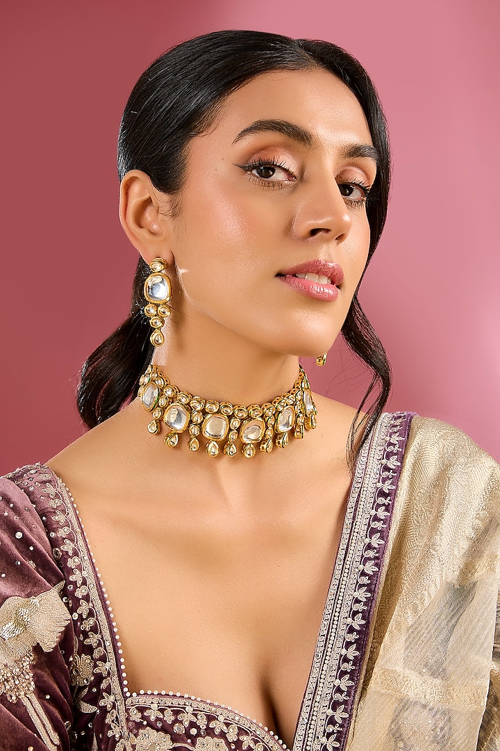 Gold Finish Kundan Polki Handcrafted Choker Necklace Set by Amreli Jaipur at Pernia's Pop Up Shop