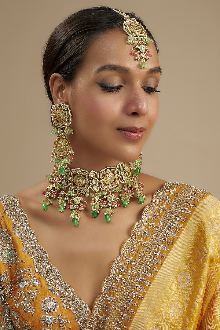 Gold Finish Kundan Polki Choker Necklace Set by Amreli Jaipur at Pernia's Pop Up Shop