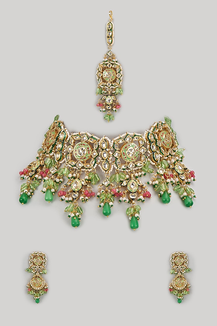 Gold Finish Kundan Polki Choker Necklace Set by Amreli Jaipur at Pernia's Pop Up Shop