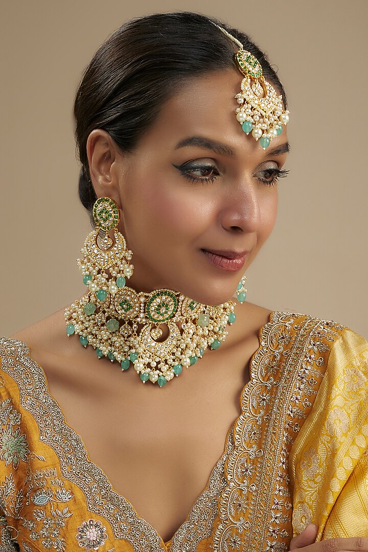 Gold Finish Pachi Kundan Polki Choker Necklace Set by Amreli Jaipur at Pernia's Pop Up Shop