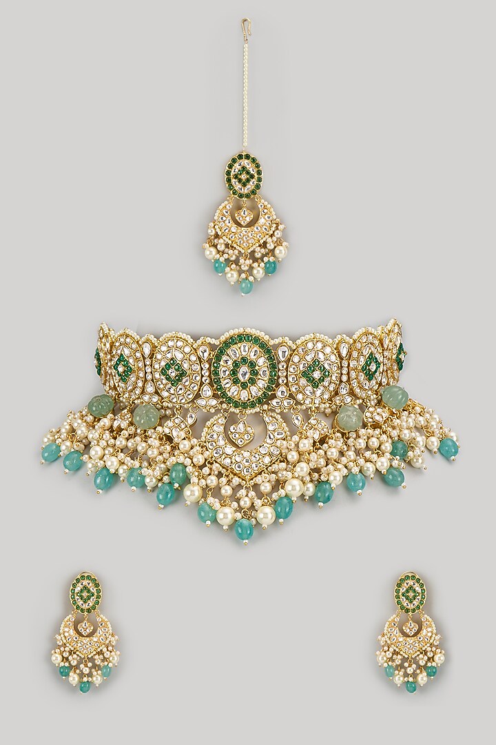 Gold Finish Pachi Kundan Polki Choker Necklace Set by Amreli Jaipur at Pernia's Pop Up Shop