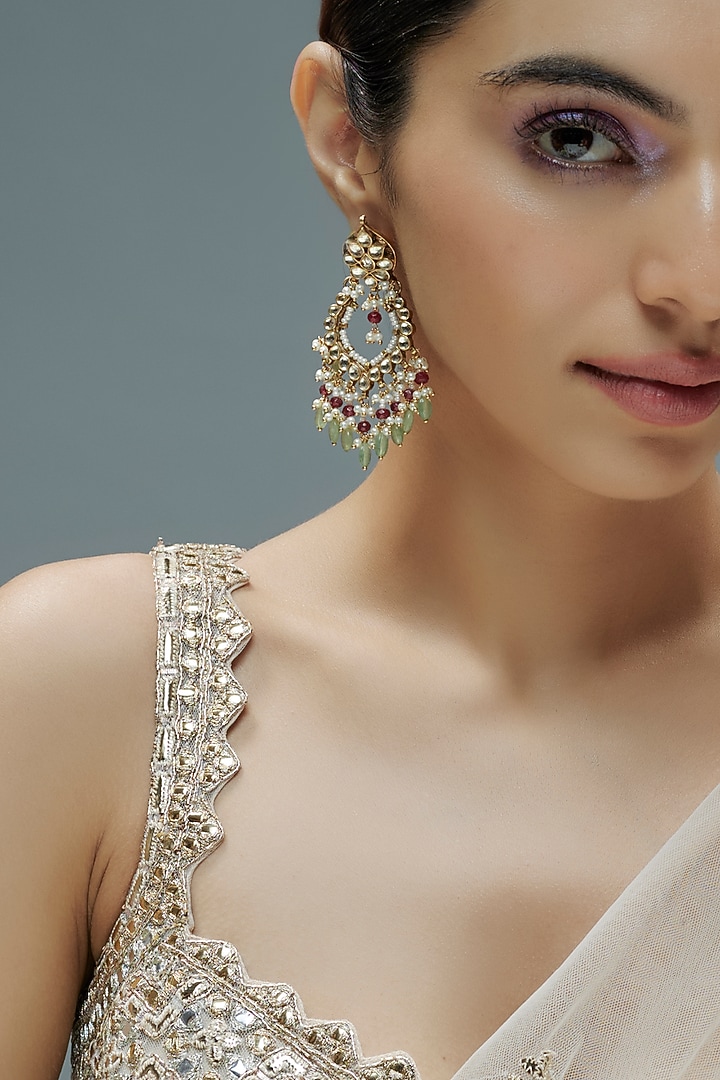 Gold Finish Pachi Kundan Polki Chandbali Earrings by Amreli Jaipur at Pernia's Pop Up Shop