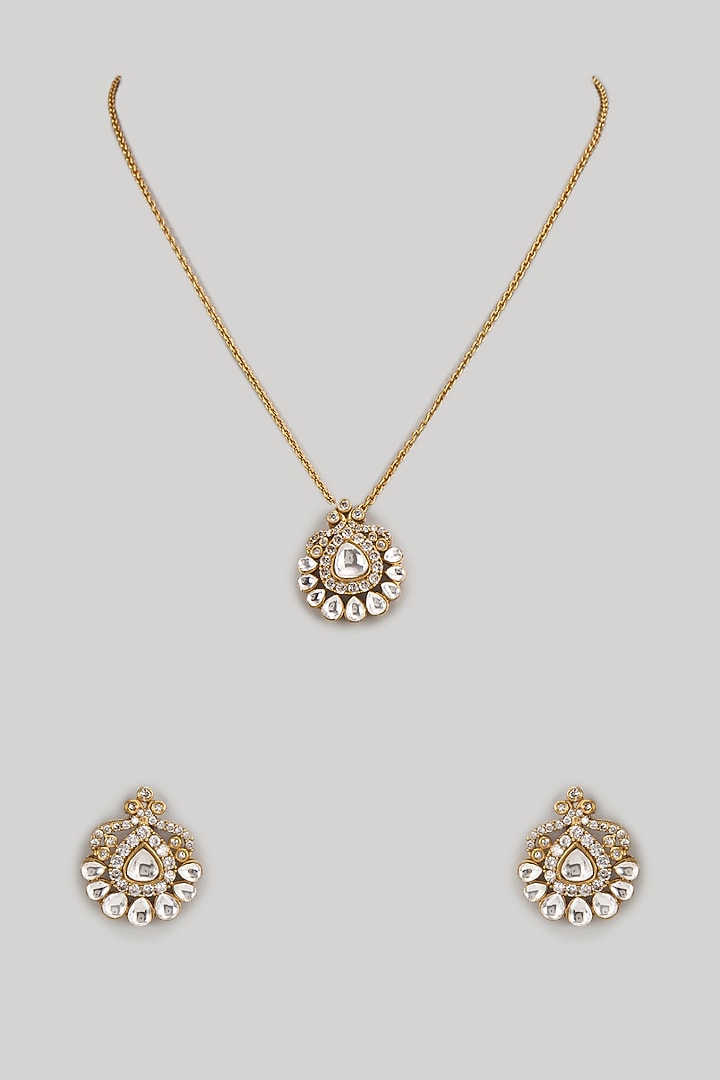 Gold Finish Kundan Polki Long Necklace Set by Amreli Jaipur at Pernia's Pop Up Shop