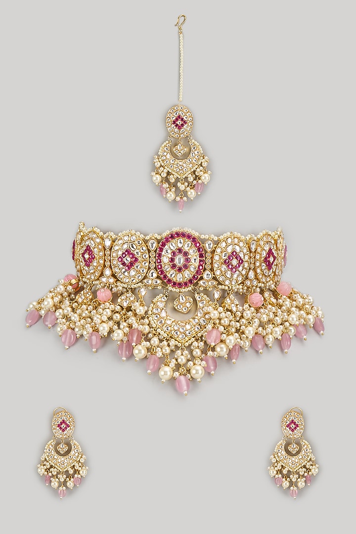 Gold Finish Pachi Kundan Polki Choker Necklace Set by Amreli Jaipur at Pernia's Pop Up Shop