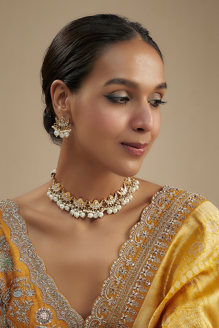 Gold Finish Pachi Kundan Polki Choker Necklace Set by Amreli Jaipur at Pernia's Pop Up Shop