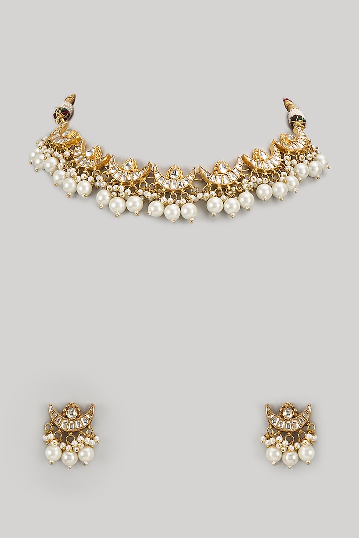 Gold Finish Pachi Kundan Polki Choker Necklace Set by Amreli Jaipur at Pernia's Pop Up Shop