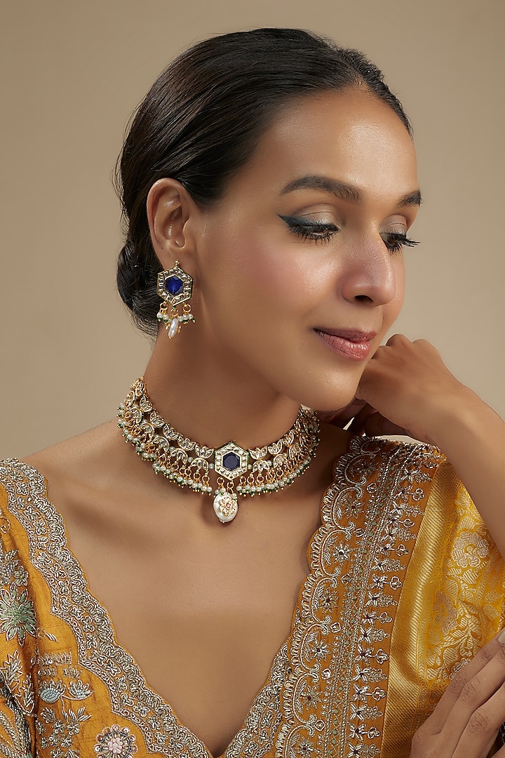 Gold Finish Kundan Polki Choker Necklace Set by Amreli Jaipur at Pernia's Pop Up Shop