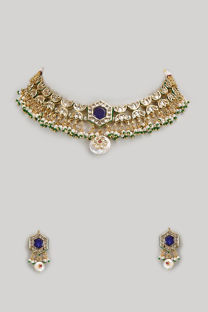 Gold Finish Kundan Polki Choker Necklace Set by Amreli Jaipur at Pernia's Pop Up Shop