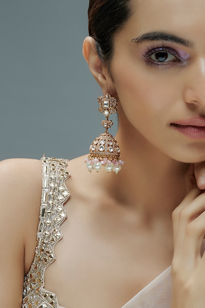 Gold Finish Kundan Polki Jhumka Earrings by Amreli Jaipur at Pernia's Pop Up Shop