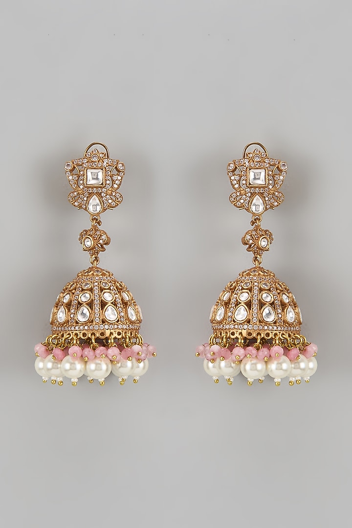 Gold Finish Kundan Polki Jhumka Earrings by Amreli Jaipur at Pernia's Pop Up Shop