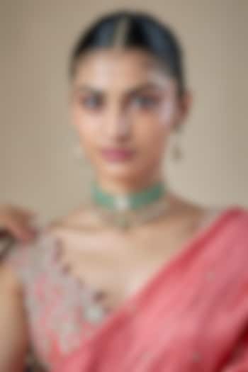 Gold Finish Mint Green Kundan Polki & Jade Beaded Choker Necklace Set by Amreli Jaipur at Pernia's Pop Up Shop
