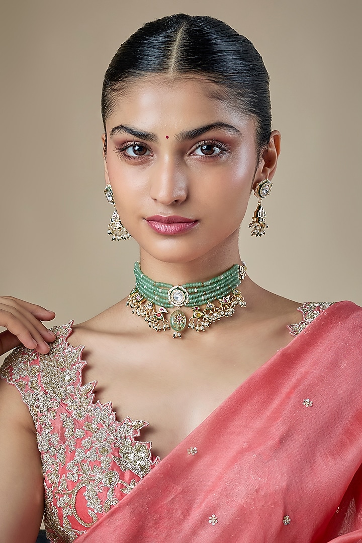 Gold Finish Mint Green Kundan Polki & Jade Beaded Choker Necklace Set by Amreli Jaipur at Pernia's Pop Up Shop