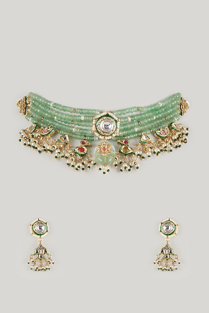 Gold Finish Mint Green Kundan Polki & Jade Beaded Choker Necklace Set by Amreli Jaipur at Pernia's Pop Up Shop