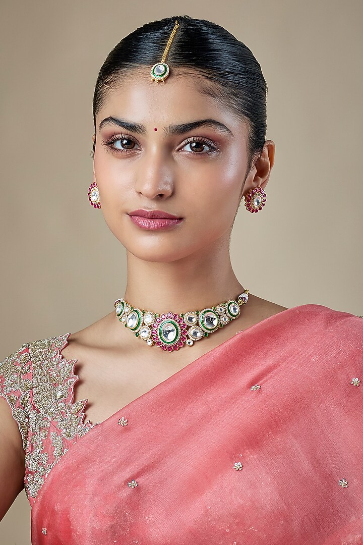 Gold Finish Kundan Polki & Multi-Colored Stone Choker Necklace Set by Amreli Jaipur at Pernia's Pop Up Shop