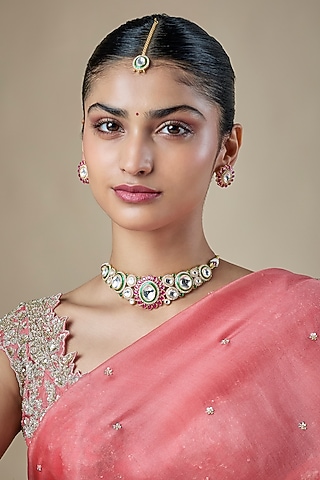 Gold Finish Kundan Polki & Multi-Colored Stone Choker Necklace Set by Amreli Jaipur