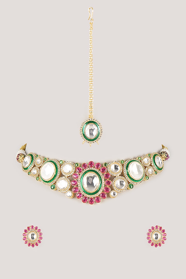 Gold Finish Kundan Polki & Multi-Colored Stone Choker Necklace Set by Amreli Jaipur at Pernia's Pop Up Shop