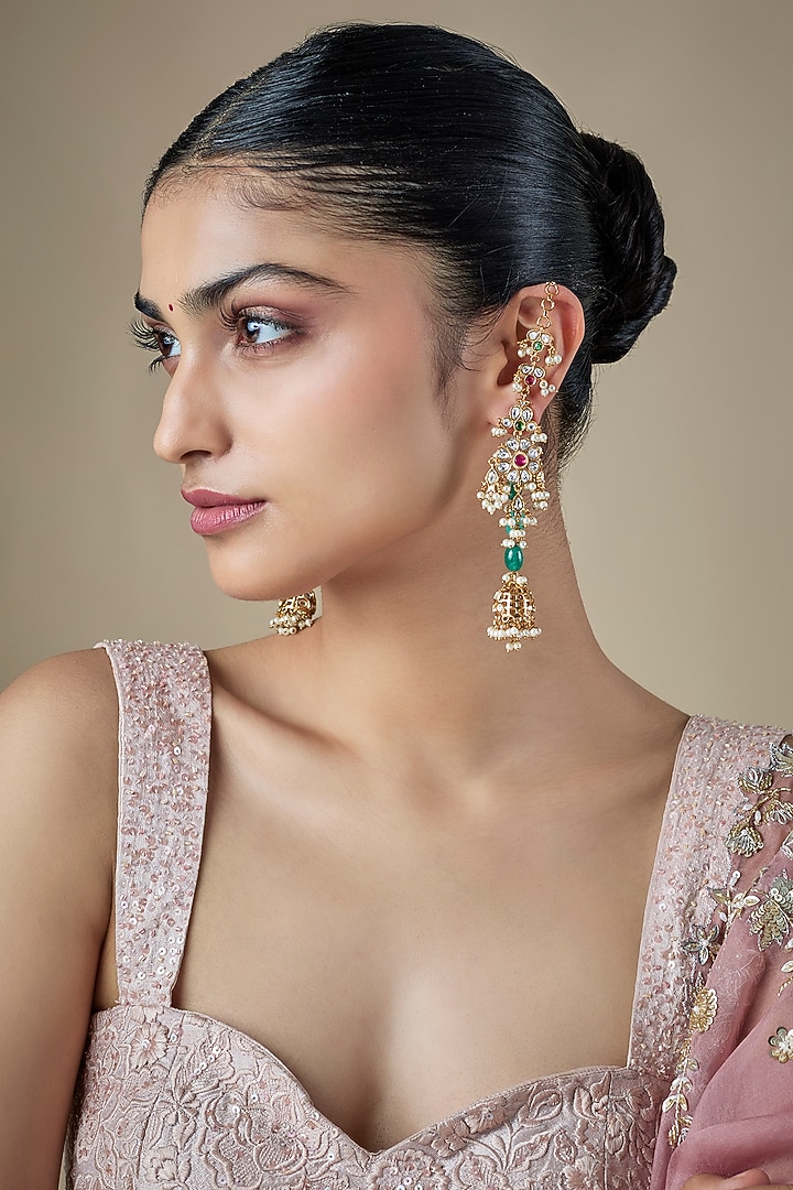 Gold Finish Multi-Colored Kundan Polki & Pearl Dangler Earrings by Amreli Jaipur at Pernia's Pop Up Shop