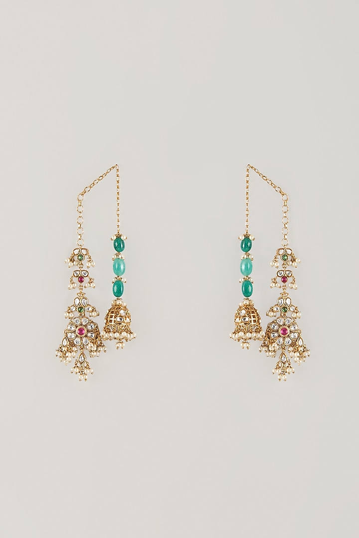 Gold Finish Multi-Colored Kundan Polki & Pearl Dangler Earrings by Amreli Jaipur at Pernia's Pop Up Shop