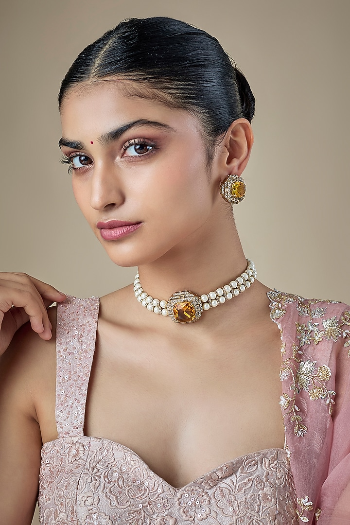 Gold Finish Citrine Doublet Stone & Pearl Choker Necklace Set by Amreli Jaipur at Pernia's Pop Up Shop