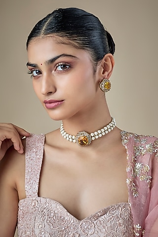 Gold Finish Citrine Doublet Stone & Pearl Choker Necklace Set by Amreli Jaipur