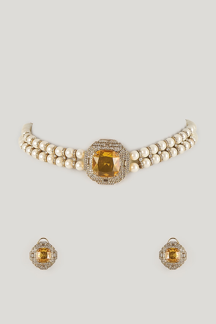 Gold Finish Citrine Doublet Stone & Pearl Choker Necklace Set by Amreli Jaipur at Pernia's Pop Up Shop