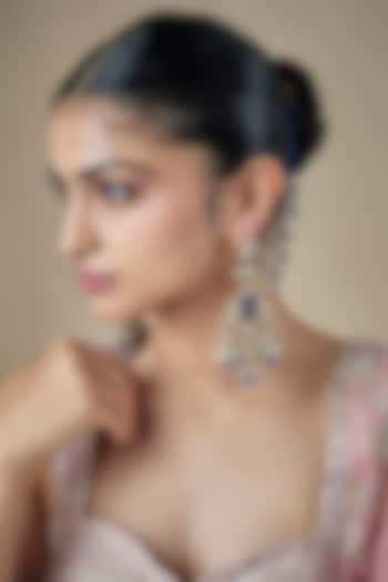 Gold Finish Blue Kundan Polki & Pearl Dangler Earchains by Amreli Jaipur at Pernia's Pop Up Shop