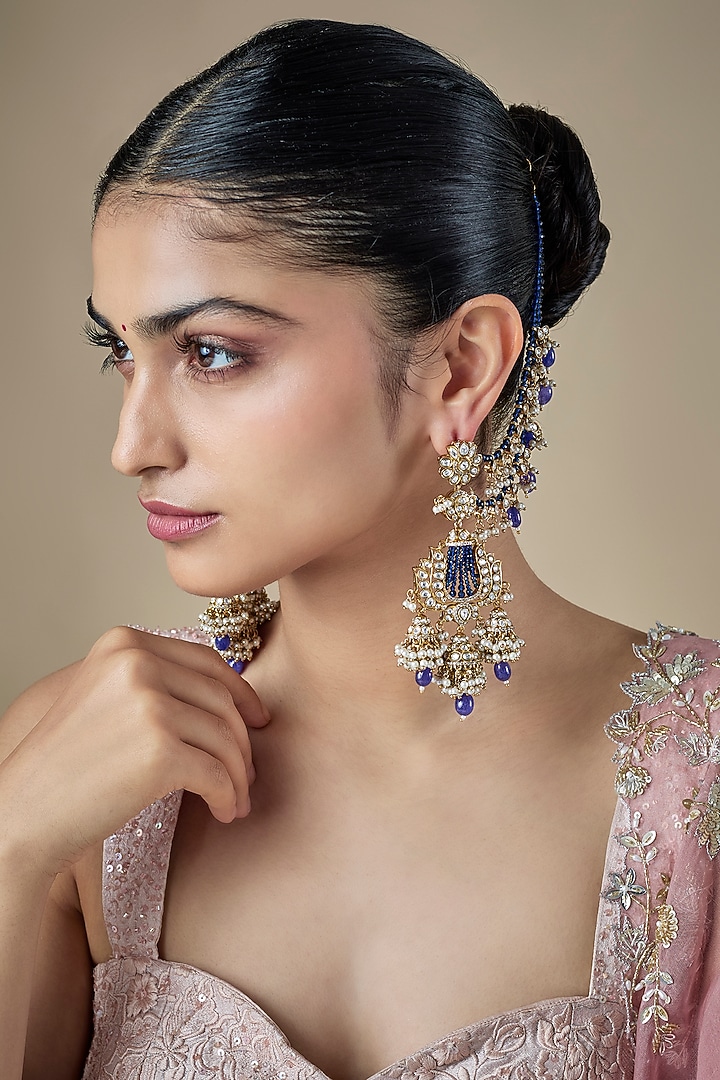Gold Finish Blue Kundan Polki & Pearl Dangler Earchains by Amreli Jaipur at Pernia's Pop Up Shop
