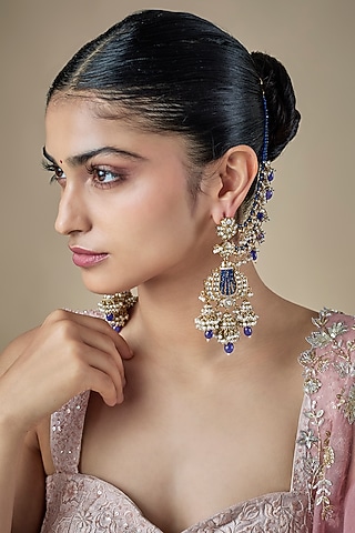 Gold Finish Blue Kundan Polki & Pearl Dangler Earchains by Amreli Jaipur