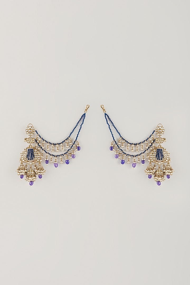 Gold Finish Blue Kundan Polki & Pearl Dangler Earchains by Amreli Jaipur at Pernia's Pop Up Shop