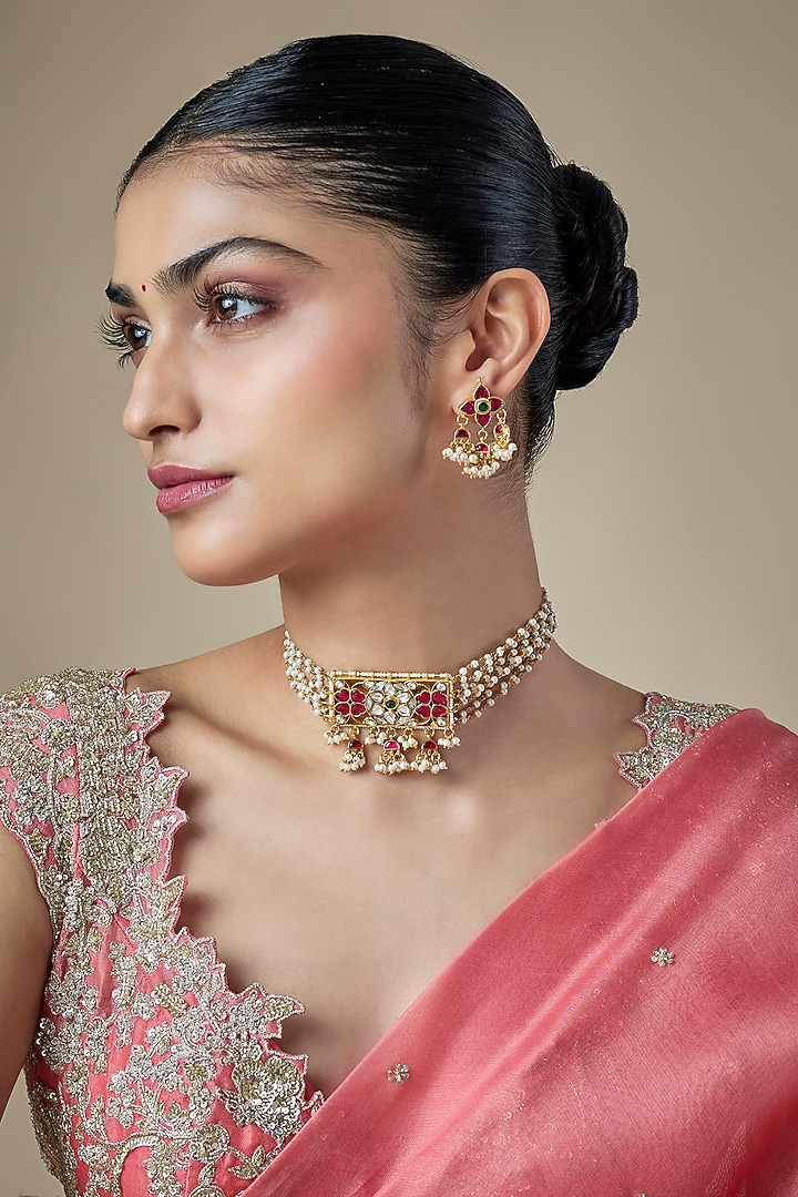 Gold Finish Pachi Kundan Polki & Beaded Choker Necklace Set by Amreli Jaipur at Pernia's Pop Up Shop