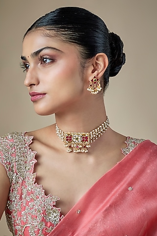 Gold Finish Pachi Kundan Polki & Beaded Choker Necklace Set by Amreli Jaipur