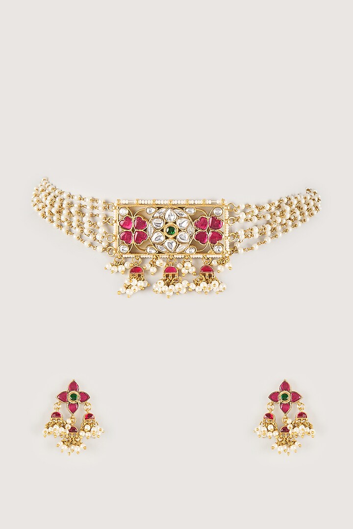 Gold Finish Pachi Kundan Polki & Beaded Choker Necklace Set by Amreli Jaipur at Pernia's Pop Up Shop