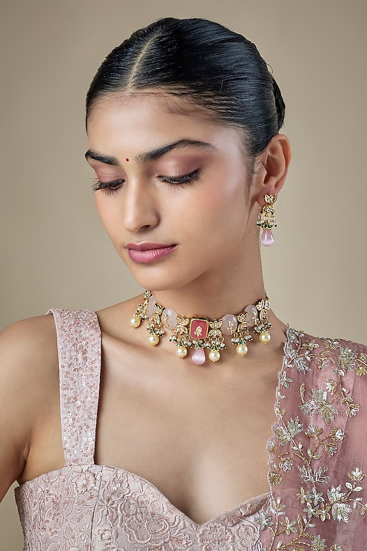 Gold Finish Pink Kundan Polki & Carved Stone Choker Necklace Set by Amreli Jaipur at Pernia's Pop Up Shop