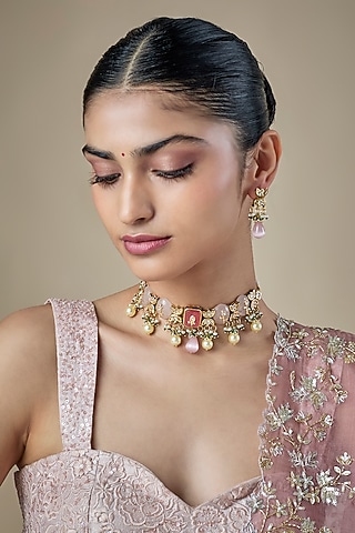 Gold Finish Pink Kundan Polki & Carved Stone Choker Necklace Set by Amreli Jaipur