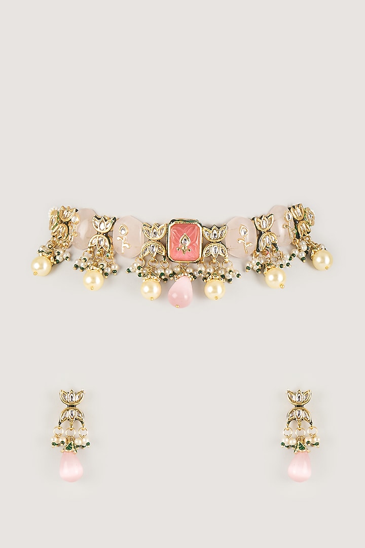 Gold Finish Pink Kundan Polki & Carved Stone Choker Necklace Set by Amreli Jaipur at Pernia's Pop Up Shop
