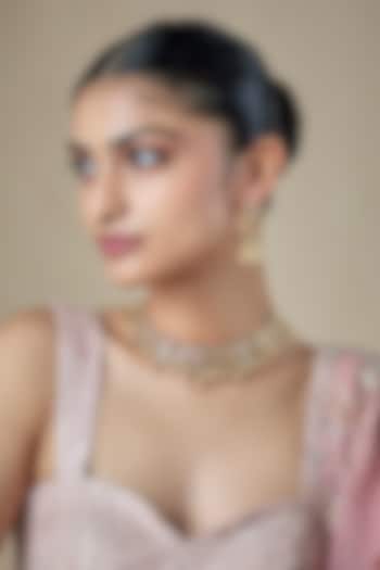 Gold Finish Red Kundan Polki & Beaded Choker Necklace Set by Amreli Jaipur at Pernia's Pop Up Shop