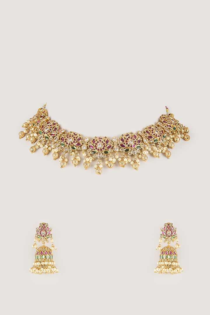 Gold Finish Red Kundan Polki & Beaded Choker Necklace Set by Amreli Jaipur at Pernia's Pop Up Shop