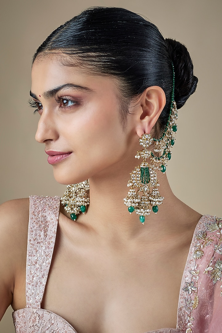 Gold Finish Green Kundan Polki & Pearl Dangler Earchains by Amreli Jaipur at Pernia's Pop Up Shop