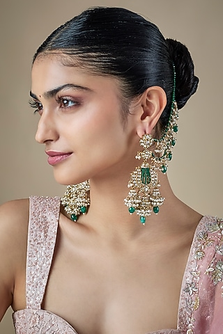 Gold Finish Green Kundan Polki & Pearl Dangler Earchains by Amreli Jaipur