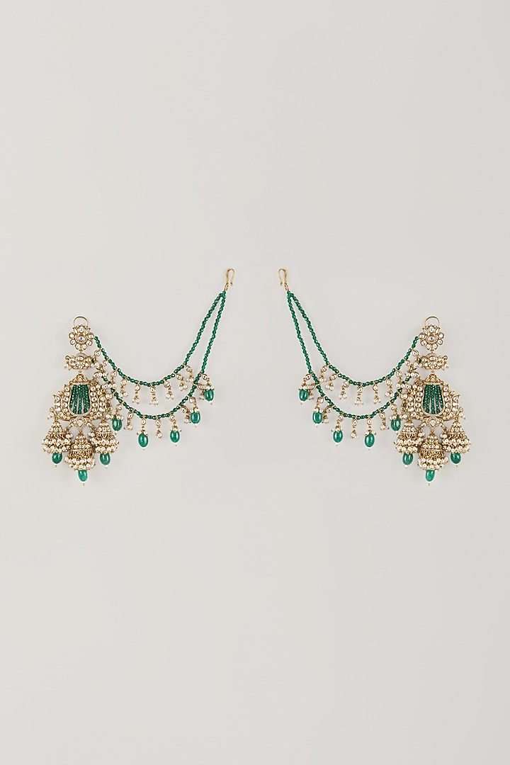 Gold Finish Green Kundan Polki & Pearl Dangler Earchains by Amreli Jaipur at Pernia's Pop Up Shop