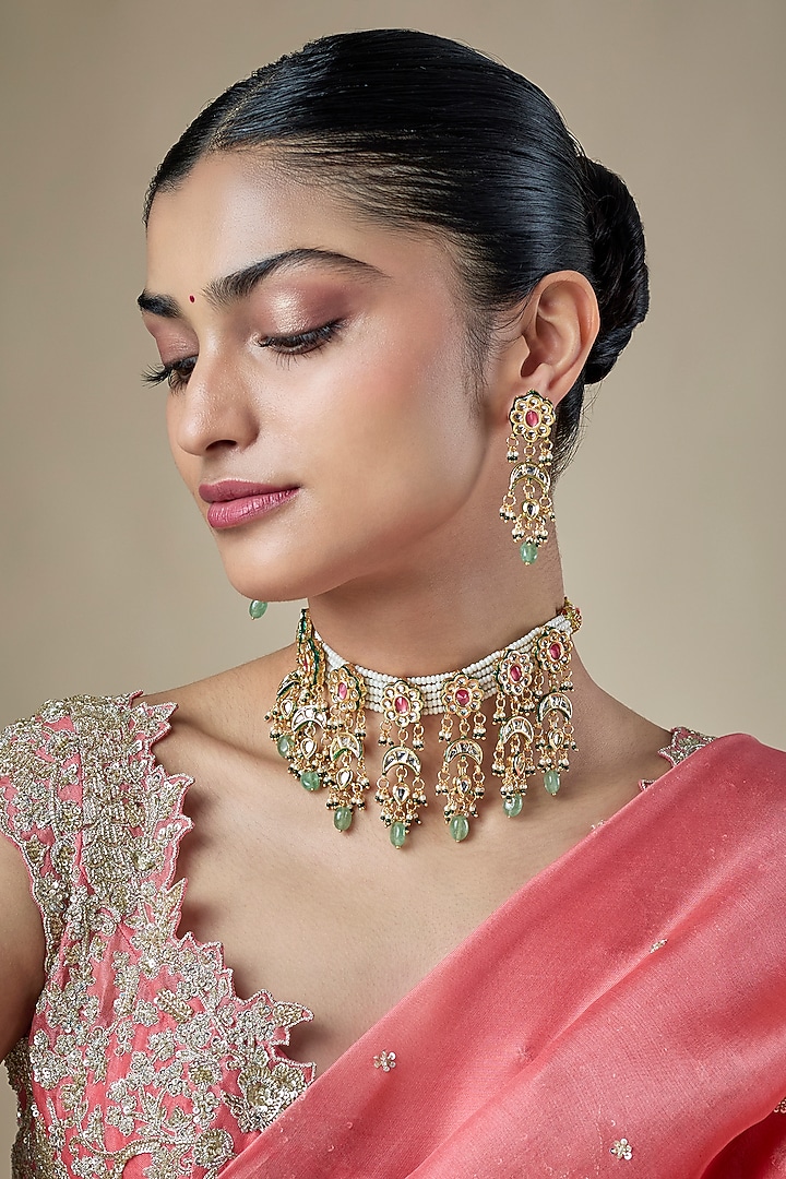 Gold Finish Multi-Colored Kundan Polki & Beaded Choker Necklace Set by Amreli Jaipur at Pernia's Pop Up Shop