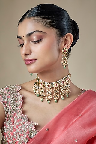 Gold Finish Multi-Colored Kundan Polki & Beaded Choker Necklace Set by Amreli Jaipur
